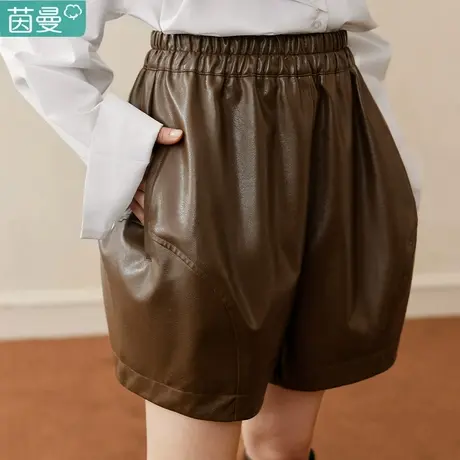 茵曼设计感PU皮短裤女2024年春季新款复古高腰显瘦a字棕色裤子图片