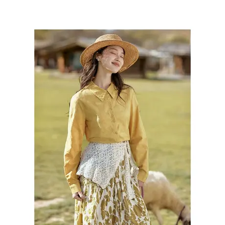 茵曼黑科技暖感提花衬衫2023秋女装新款绣花减龄微灯笼袖显瘦上衣商品大图