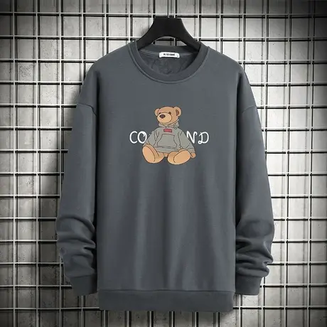 圆领卫衣男士春秋款小熊套头无帽上衣服宽松潮流百搭加绒长袖t恤图片