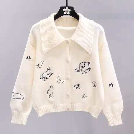日系卡通刺绣polo领毛衣外套女秋冬2023新款宽松设计感针织开衫商品大图