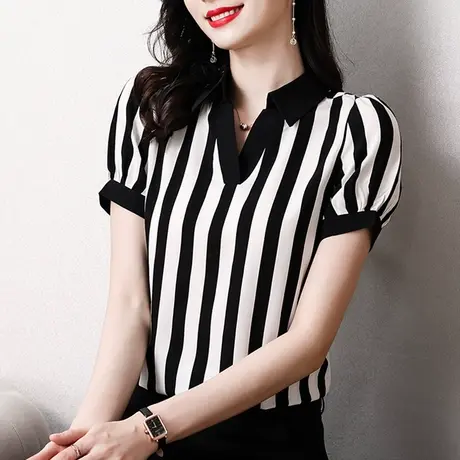 黑白竖条纹短袖衬衫女职业气质时尚洋气2023新款夏季衬衣缎面薄款商品大图