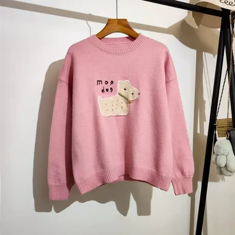 学院风针织衫上衣女秋冬新款可爱呆萌卡通刺绣长袖打底毛衣外穿商品大图