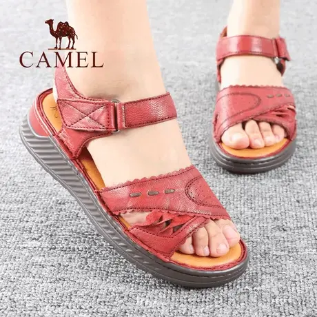 Camel/骆驼女鞋夏季新款品真羊皮舒适正士透气中年妈妈休闲凉鞋子图片