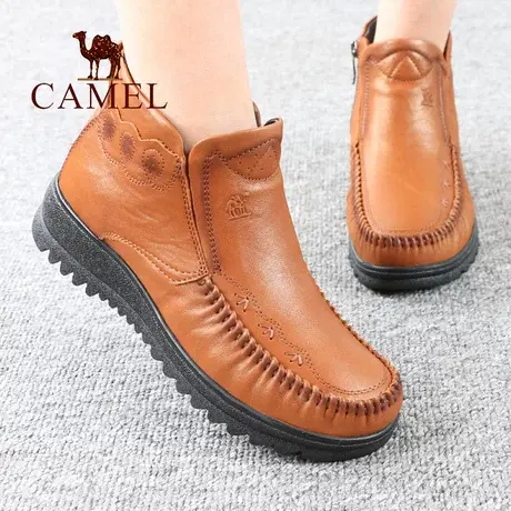 Camel/骆驼女鞋冬季真牛皮加绒保暖高帮侧拉链舒适休闲妈妈短靴子商品大图