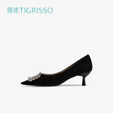 【花环】蹀愫珍珠单鞋绒面尖头小猫跟高跟鞋TA54514-15商品大图