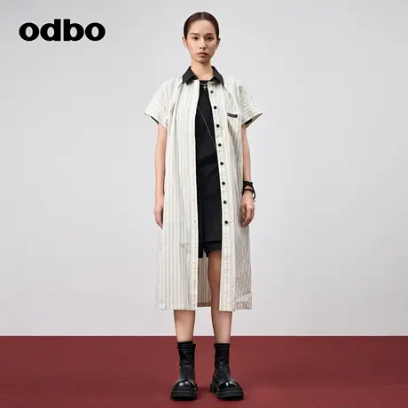 odbo/欧迪比欧休闲条纹衬衫连衣裙女夏季2024新款压褶设计直筒裙图片