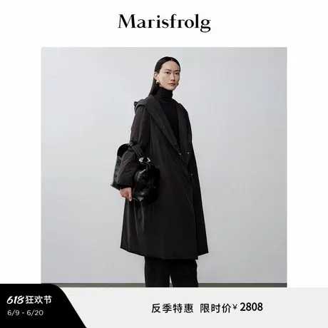 【轻羽系列】玛丝菲尔时尚保暖黑色长款连帽白鹅绒羽绒服女图片