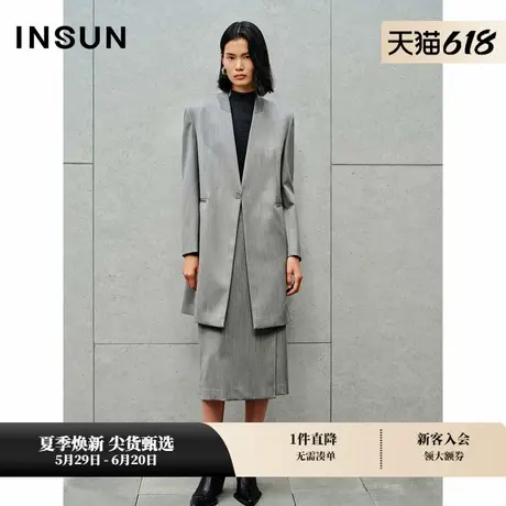 INSUN恩裳无领一粒扣长款宽肩羊毛西装图片