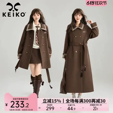 KEIKO[编织/织带]复古毛呢外套长款早春轻奢流苏系带呢显瘦子大衣图片