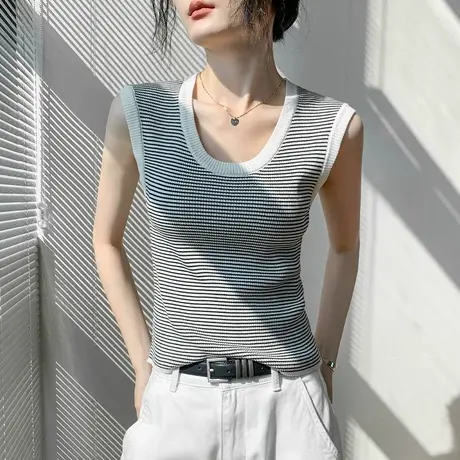 圆领条纹坎肩背心女2025夏季新款衬衫内搭修身显瘦百搭无袖上衣女商品大图