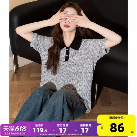 唐狮2025春夏新款女polo衫短袖复古显瘦上衣今年流行女装灰色潮流商品大图