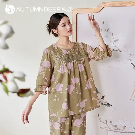 秋鹿新中式国风印花圆领柔软睡衣女夏薄款七分袖八分裤家居服套装商品大图