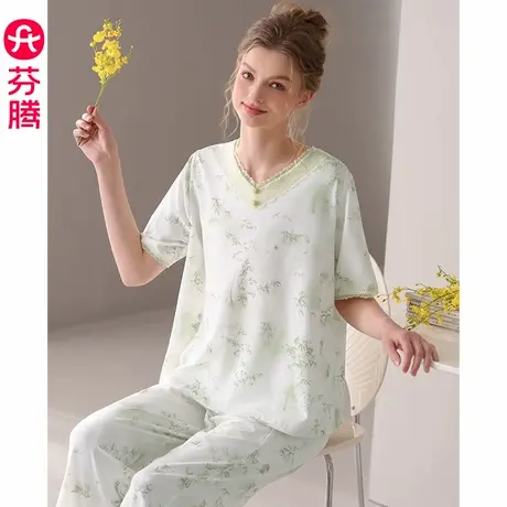 芬腾夏季女睡衣纯棉短袖长裤薄款套装大码夏天凉感女款休闲家居服商品大图