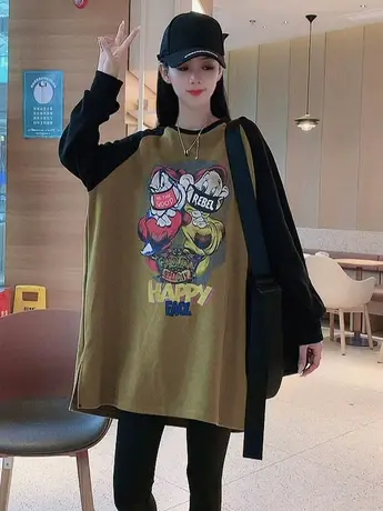 秋季新款中长款拼色印花长袖卫衣女时尚百搭大码卡通圆通上衣潮商品大图