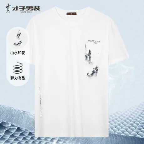 才子男装山水画英文印花T恤商品大图