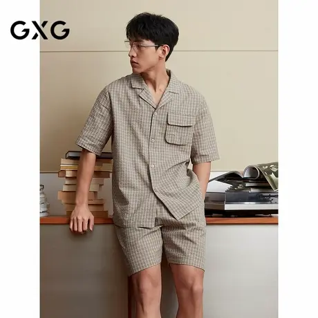 GXG男士家居服 卡其色格纹休闲舒适短袖睡衣套装男 25年春夏新品商品大图