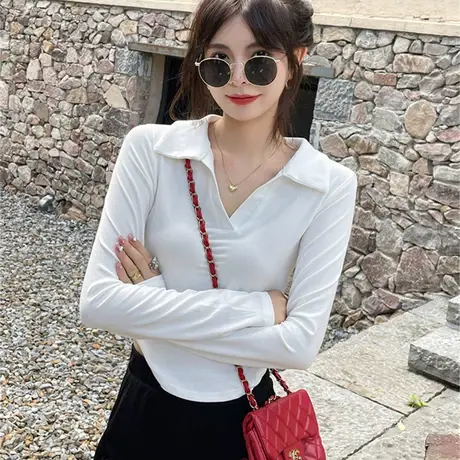 polo领正肩长袖t恤女2023秋季新款设计感小众修身短款打底衫上衣商品大图