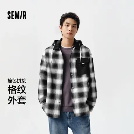 森马外套男可脱卸连帽春装经典格纹上衣撞色拼接户外风休闲装潮流商品大图