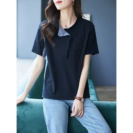 宝诗黎圆领条纹拼接棉质T恤设计感上衣2023夏季新款宽松时尚短袖图片