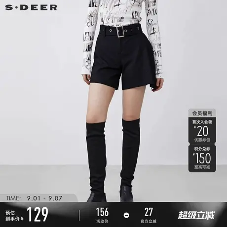 sdeer圣迪奥冬季女装时尚腰带毛呢A字黑色短裤S21480903图片