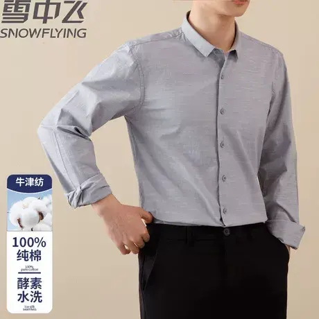 雪中飞春夏纯棉薄款长袖衬衫男士修身百搭仿棉麻全棉纯色条纹衬衣商品大图