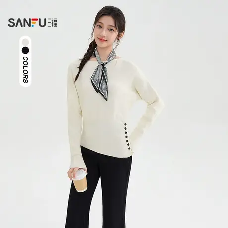 三福毛衣2025秋季韩系气质丝巾纽扣下摆圆领上衣女装511129商品大图
