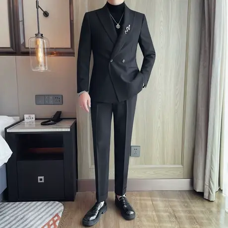高端定制工艺西服男套装胸针配饰商务宴会礼服修身黑色小西装外套商品大图