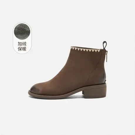 奥莱专供Nine West/玖熙加绒短靴女圆头粗跟刺绣时装靴通勤女靴子图片