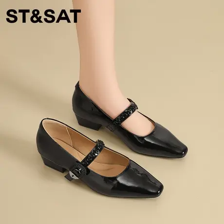星期六新款法式复古黑色漆皮玛丽珍鞋一字扣方头粗跟休闲百搭单鞋商品大图