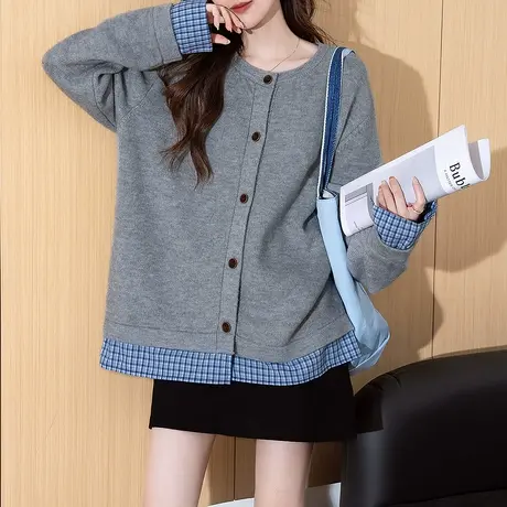 唐狮秋冬新款外套女简约格纹拼接假两件圆领开衫短款显瘦tu商品大图