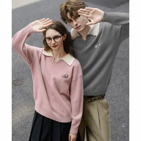 【史努比联名款】唐狮秋冬季情侣款假两件左胸绣花翻领毛线衫TM图片