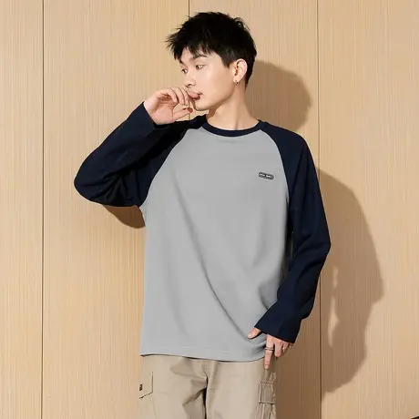 唐狮春季新款长袖T恤男生百搭打底衫宽松学生上衣圆领插肩袖TD图片