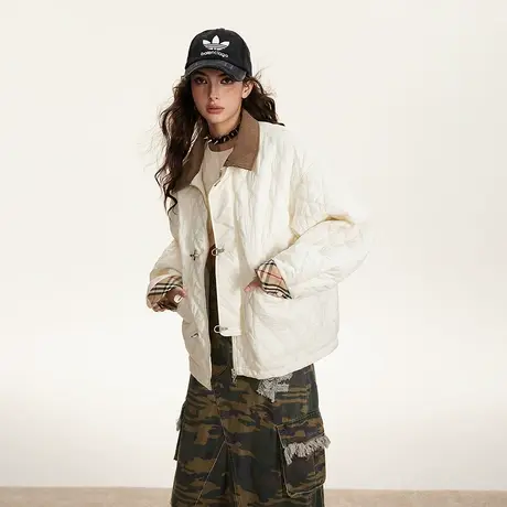 潮牌设计感棉服女2023新款加厚冬季外套美式复古小香风菱格棉衣图片