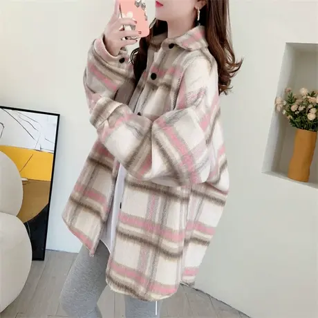 拼色格子毛呢衬衫外套女加厚2023新款秋冬宽松百搭设计感毛绒上衣商品大图