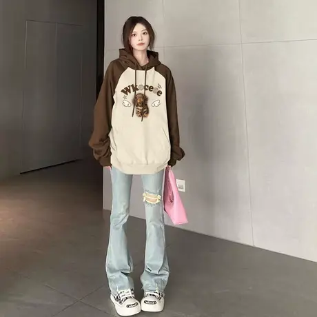 美式复古插肩袖卫衣女连帽宽松秋冬2023新款小众设计感外套上衣潮商品大图