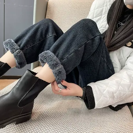 加绒牛仔裤女秋冬2023年新款宽松高腰阔腿直筒羊羔绒老爹哈伦裤子商品大图