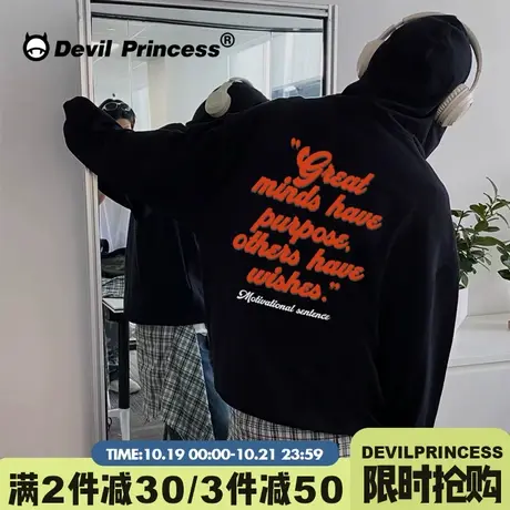 无性别穿搭小众潮牌复古风大版黑色连帽卫衣女高街超火套头上衣薄商品大图