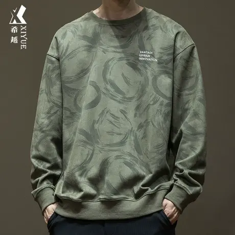 希越重磅麂皮绒男士卫衣秋冬复古扎染印花套头打底衫宽松大码上衣商品大图