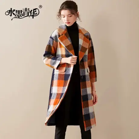 水墨青华2023冬装新款时尚百搭保暖中长格子印花毛呢大衣外套女商品大图
