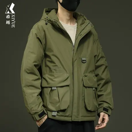 希越山系工装多口袋棉衣外套男秋冬季户外冲锋衣加棉加厚防水风衣商品大图