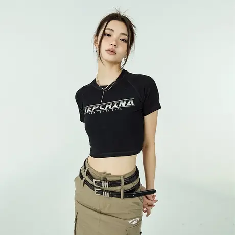 2023夏季新款美式字母印花短袖t恤女潮牌设计感紧身辣妹短款上衣商品大图