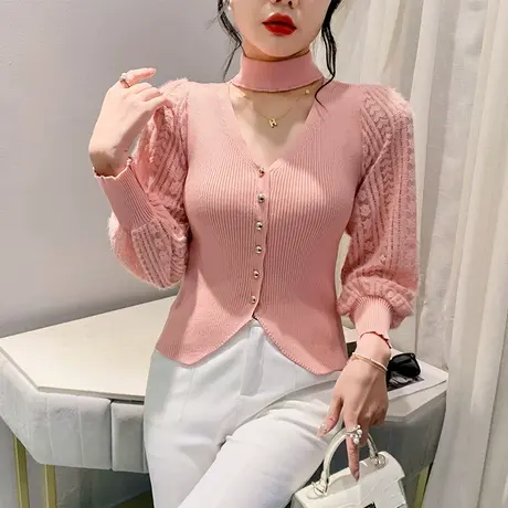 秋冬加厚针织衫T恤女长袖性感开叉泡泡袖上衣洋气修身挂脖毛衣ins图片