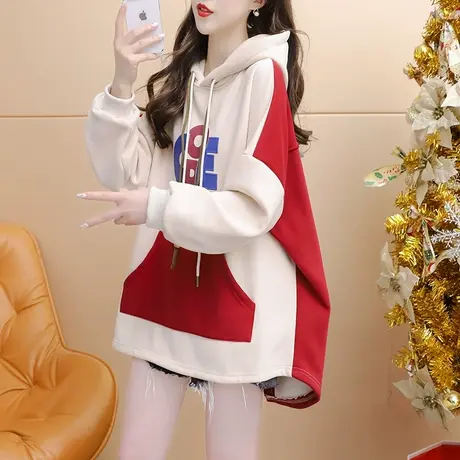 加绒加厚连帽卫衣女中长款2023新款秋冬爆款慵懒风宽松设计感外套图片