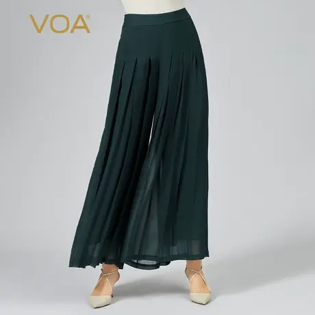 VOA乔其桑蚕丝孔绿塔克褶侧腰拉链双层布料清爽透气真丝阔腿裤商品大图