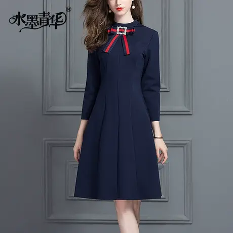 春装新款通勤女装时尚优雅修身A型收腰纯色连衣裙图片