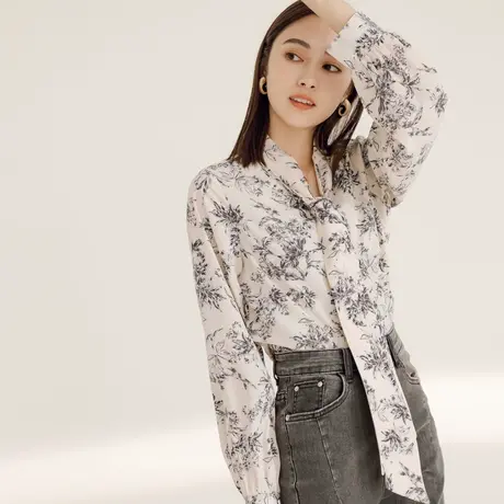 桔熊春季通勤不易皱高级感水墨印花蝴蝶结绑结上衣女大码AB18931图片