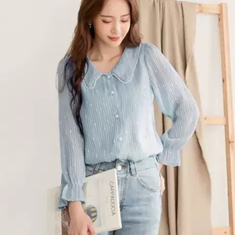 桔熊春秋季韩版气质提花纱雪纺衫娃娃领衬衫上衣女裝大码AB14955图片