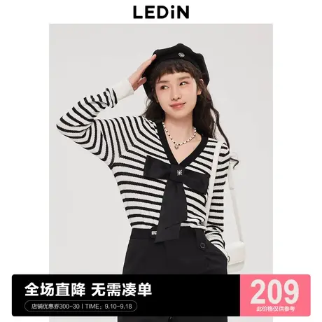 乐町蝴蝶结针织套头毛衫春新款黑白条纹针织衫C2EDC3201图片