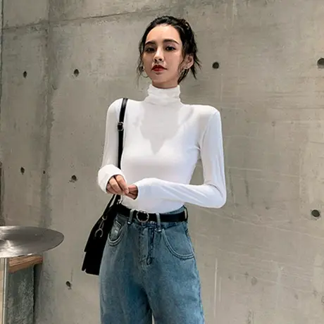 2023秋冬季新款白色内搭加绒德绒洋气半高领打底衫长袖t恤女上衣商品大图