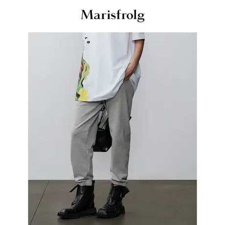 【商场同款】玛丝菲尔冬季新款运动风灰色纯棉束脚直筒休闲裤女图片